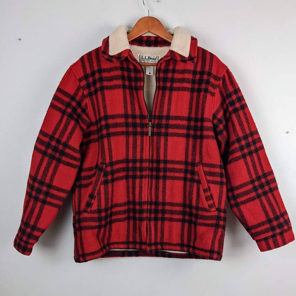 L.L. Bean Other - Vintage LL Bean Chore Coat Red Plaid Wool Blend Sherpa Lined USA Rustic Mens M